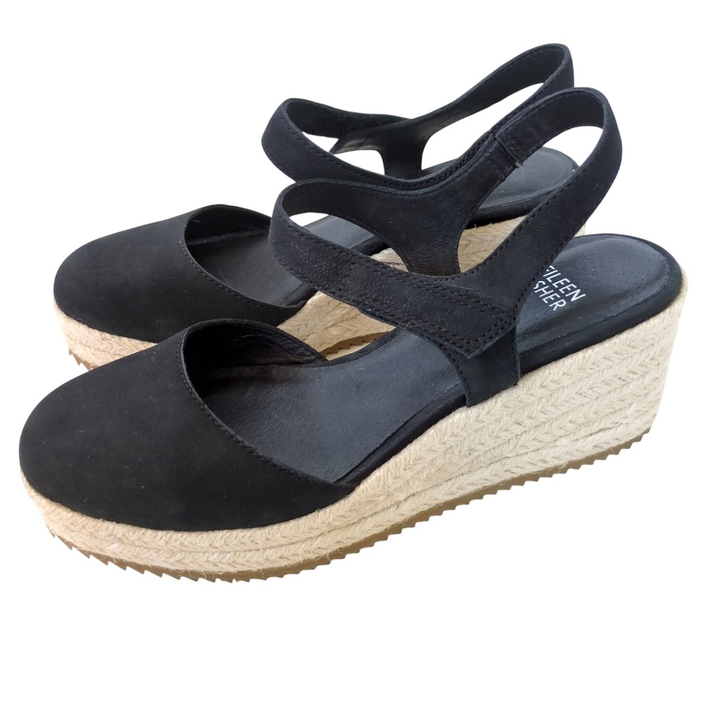 Eileen Fisher Black Leather Espadrille Wedge Sandals 6.5 Minimalist Coastal Boho
